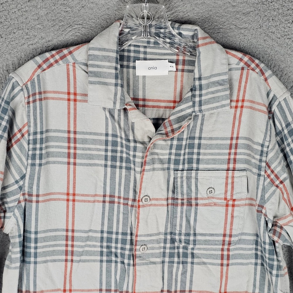 Onia Button Down Mens M White Plaid Flannel Camp Collar Long Sleeve Shirt